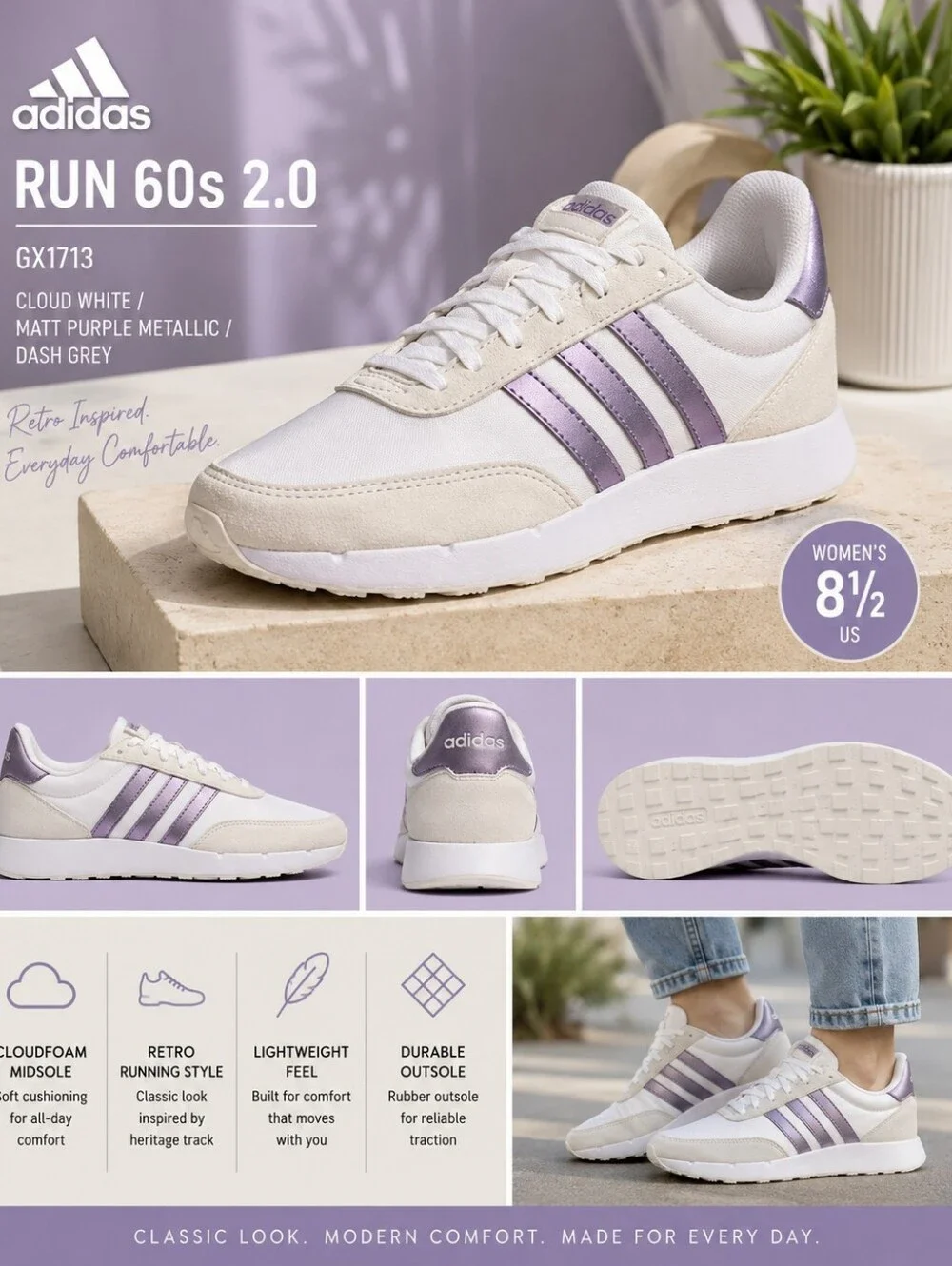 👟 adidas Run 60s 2.0 Women’s Sneakers – White / Metallic Purple 🤍Size 8.5💜NIB